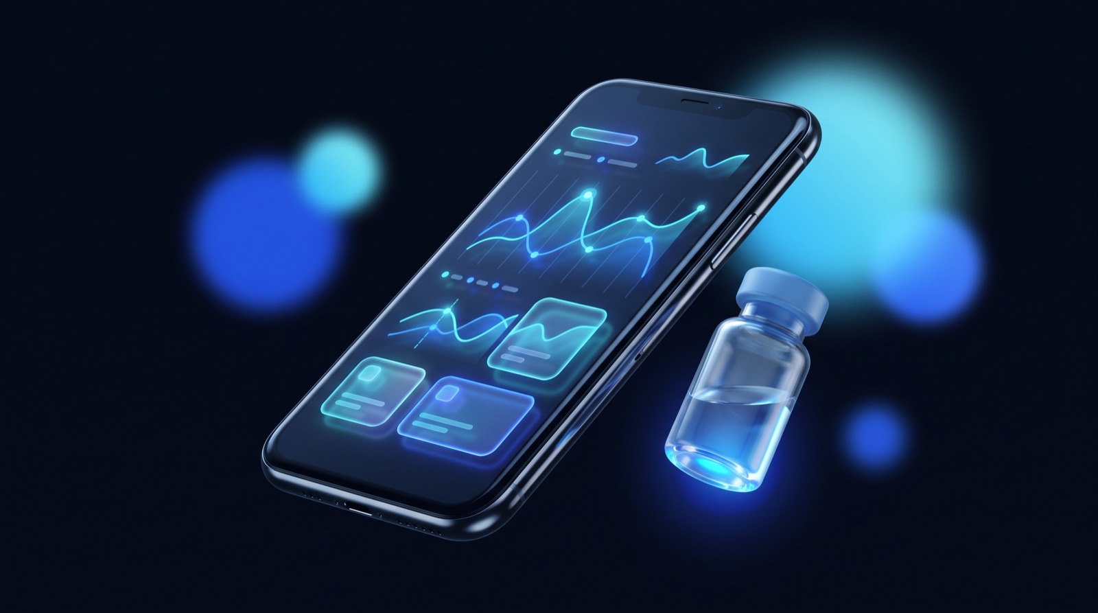 A smartphone showing a glowing blue analytics dashboard floating beside a clear glass peptide vial