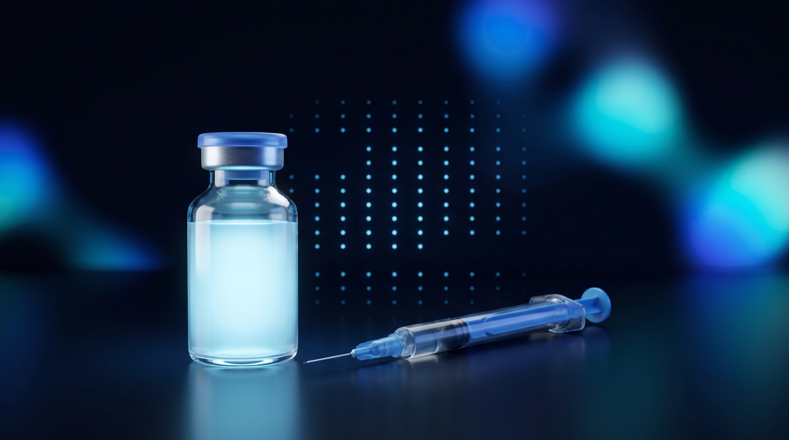 A reconstituted BPC-157 vial glowing pale blue next to an insulin syringe, with a dotted schedule grid behind