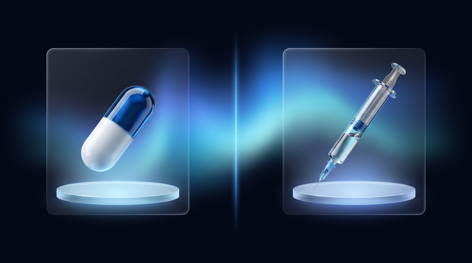 A single oral capsule on one glowing platform beside an insulin syringe on another, split by a vertical bar of blue light