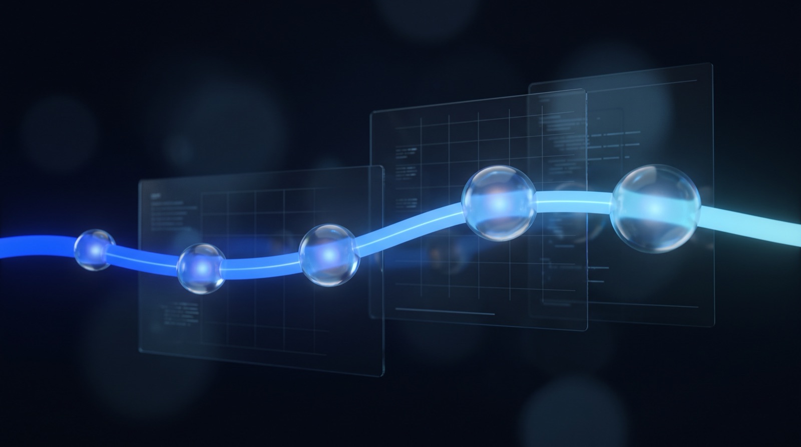 Abstract glowing blue timeline with five glass sphere nodes of increasing size representing a drug development pipeline