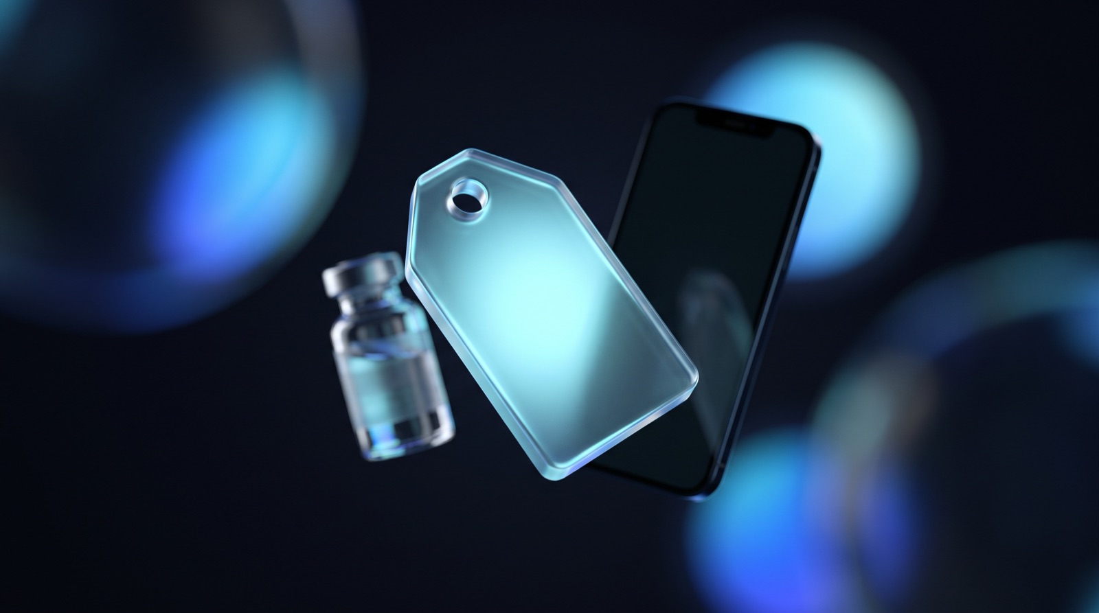 A translucent glowing price tag floating in front of a phone and a small peptide vial