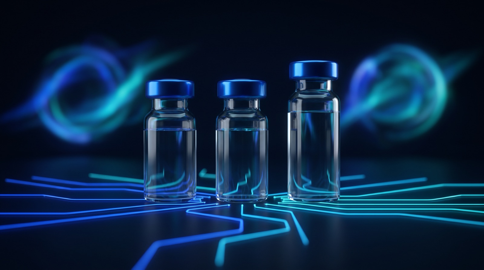 Three clear glass peptide vials in a row connected by thin glowing blue threads of light