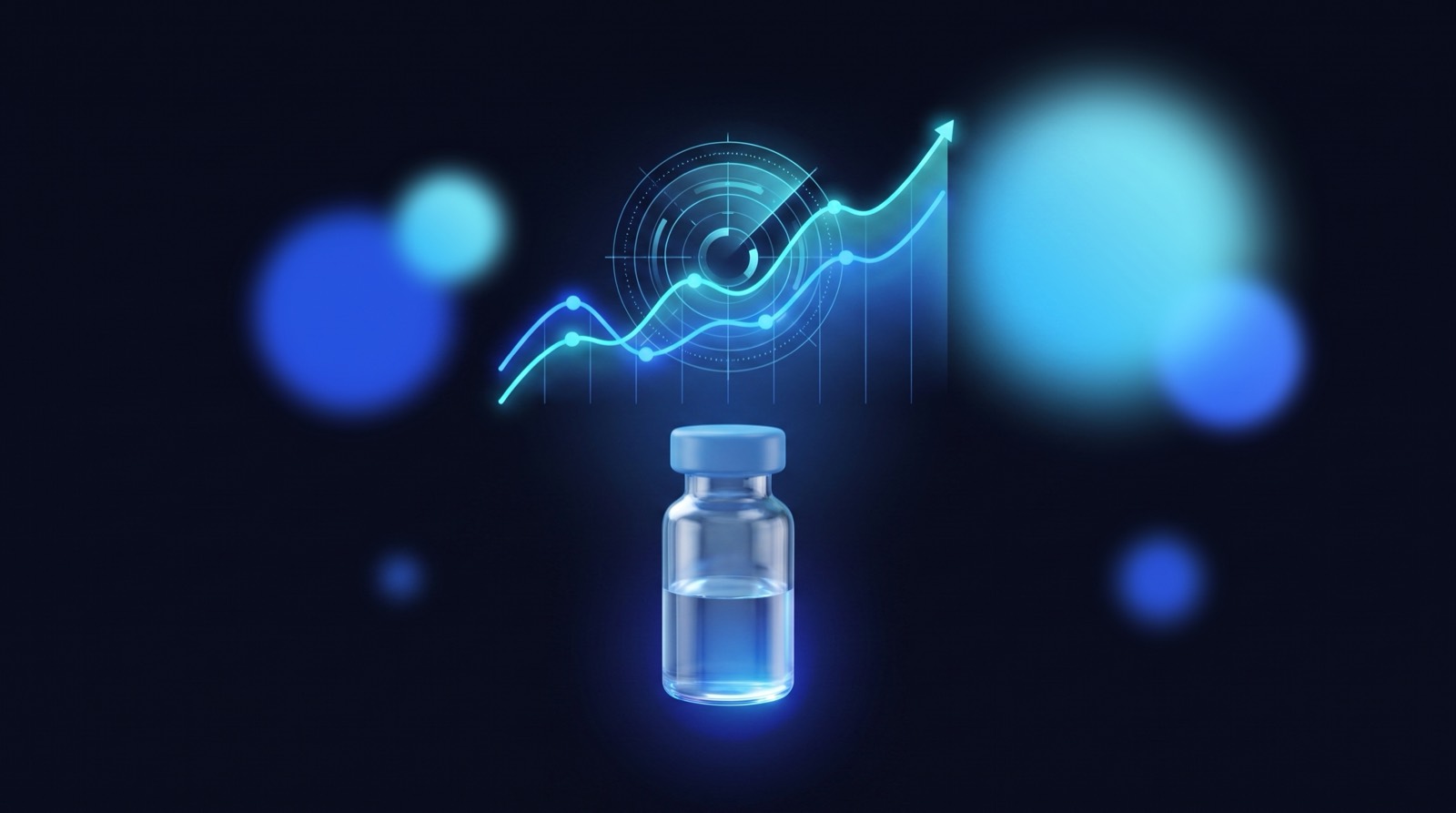 A glowing upward trend line and analytics ring floating above a clear glass peptide vial