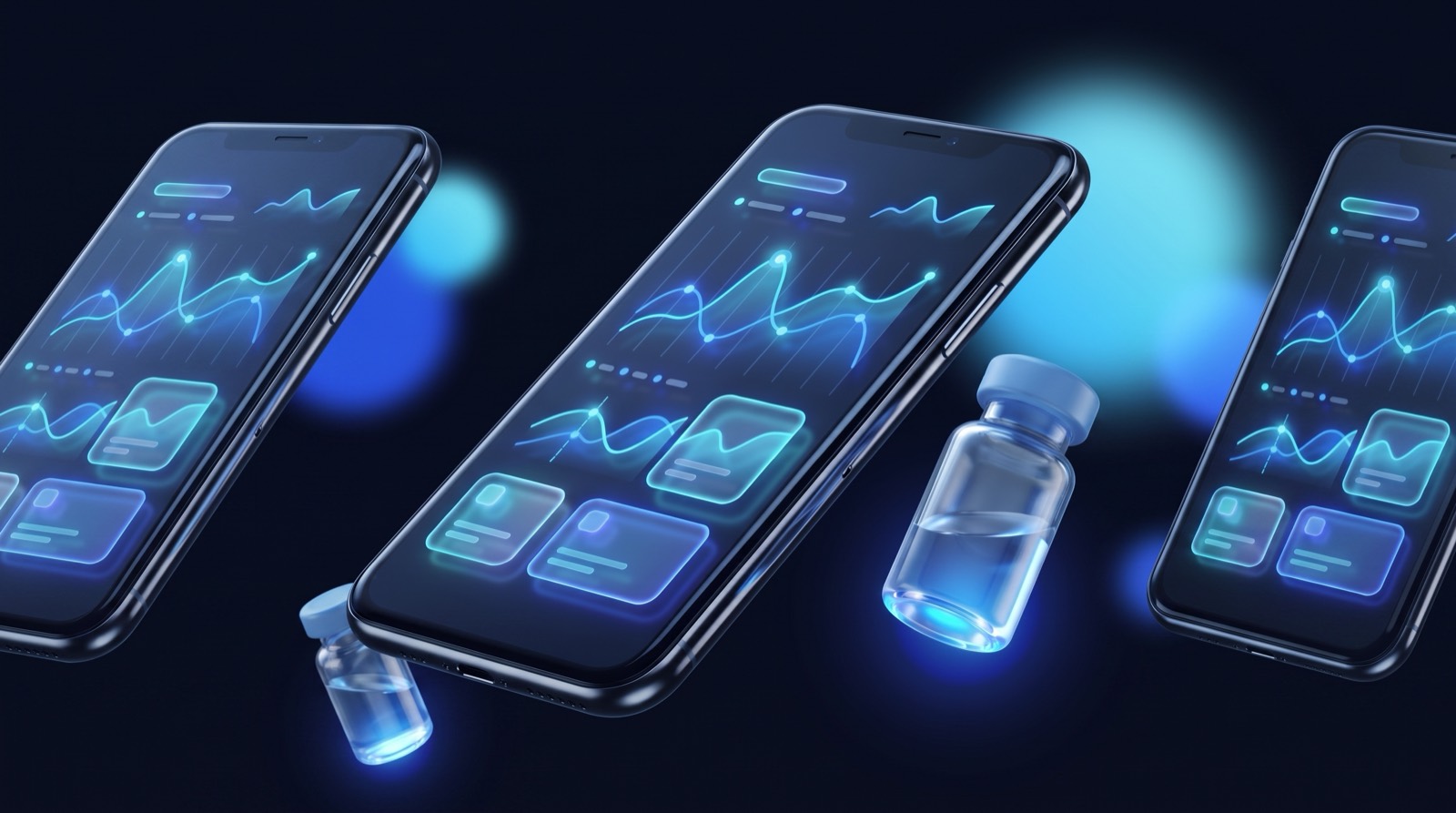 Three smartphones side by side showing glowing blue peptide tracking dashboards beside clear glass vials