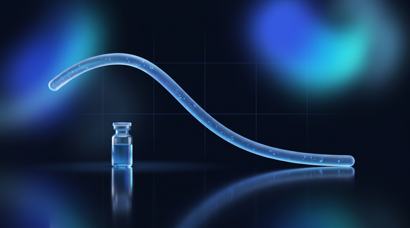 A glowing blue decay curve descending across a dark grid above a small peptide vial