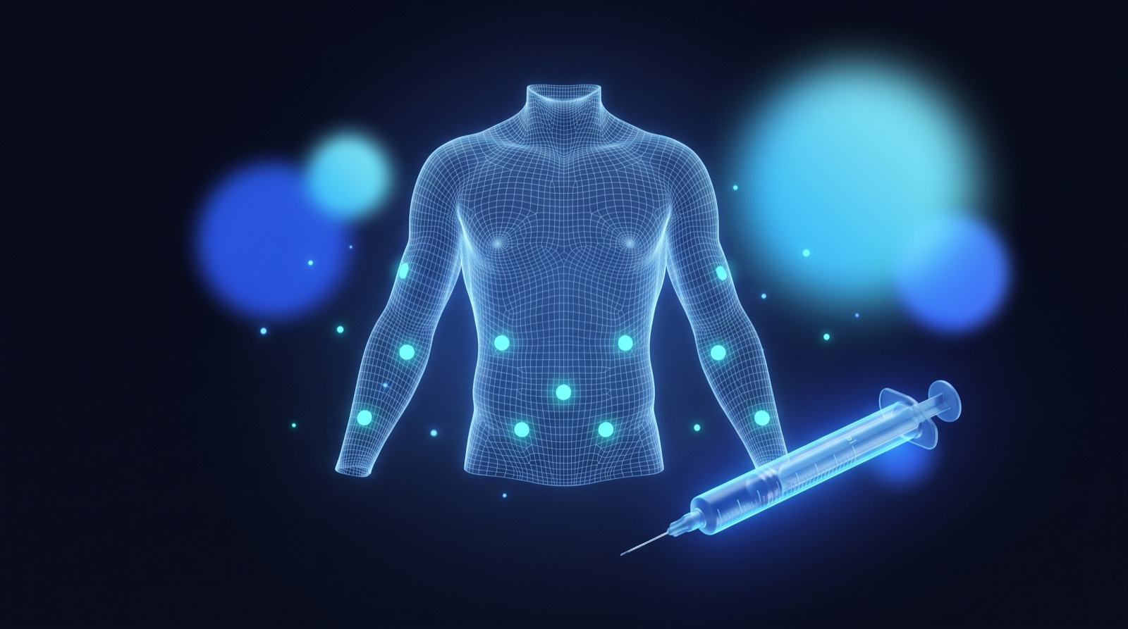 A glowing blue wireframe torso marked with injection-site rotation points beside a syringe