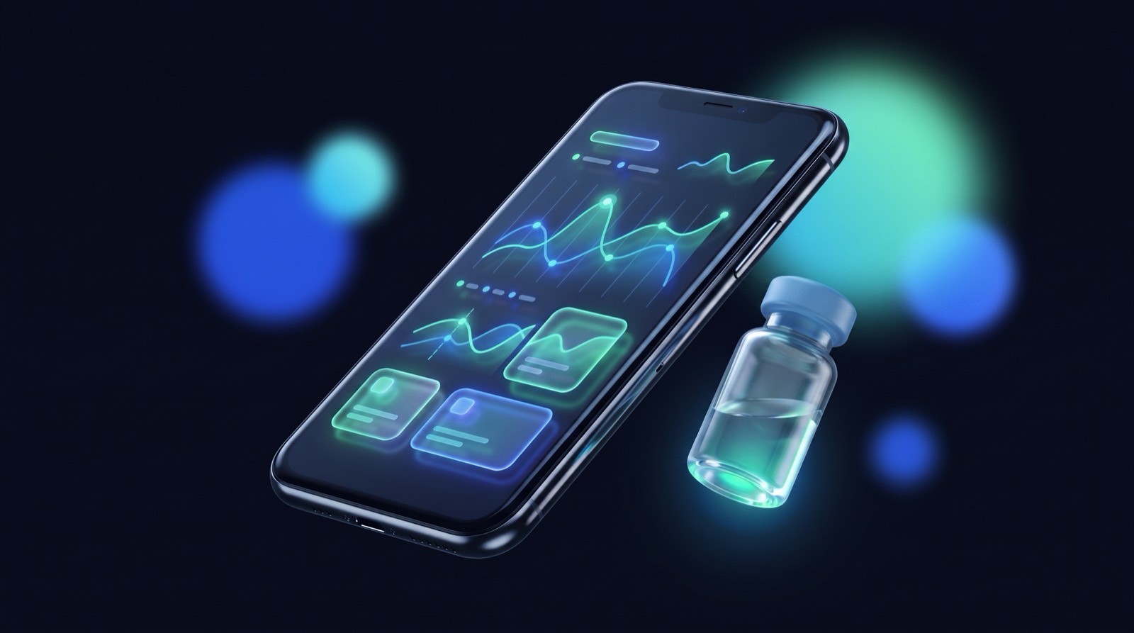 A smartphone with a green-accented peptide tracking dashboard beside a clear glass vial