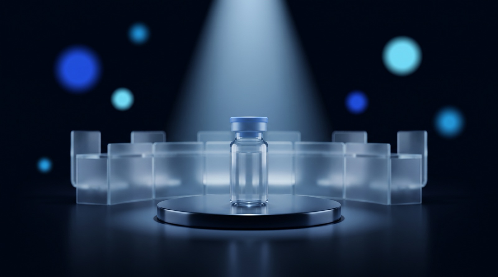 A single glass peptide vial standing on a dark podium under a cone of blue light, with a semicircle of empty translucent panel seats behind it
