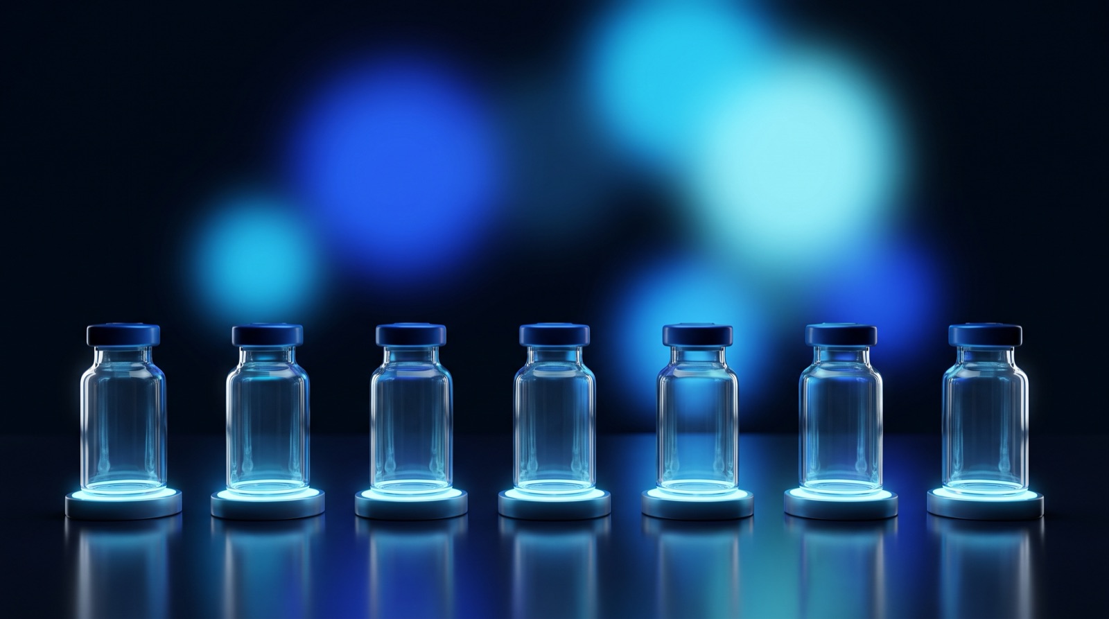 Seven identical glass peptide vials evenly spaced in a row, each on its own glowing circular platform