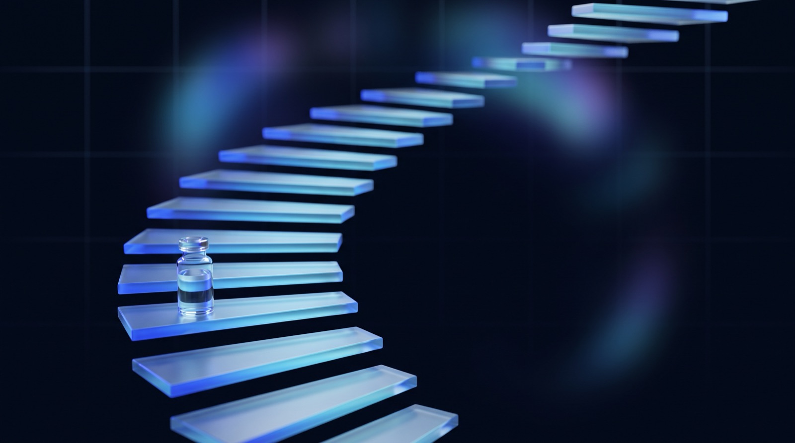 A long ascending staircase of glowing glass steps with a single small peptide vial resting near the bottom