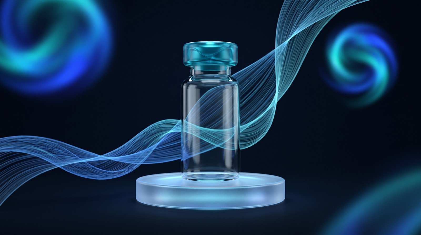 A teal-capped glass vial on a glowing platform wrapped in ribbons of blue light