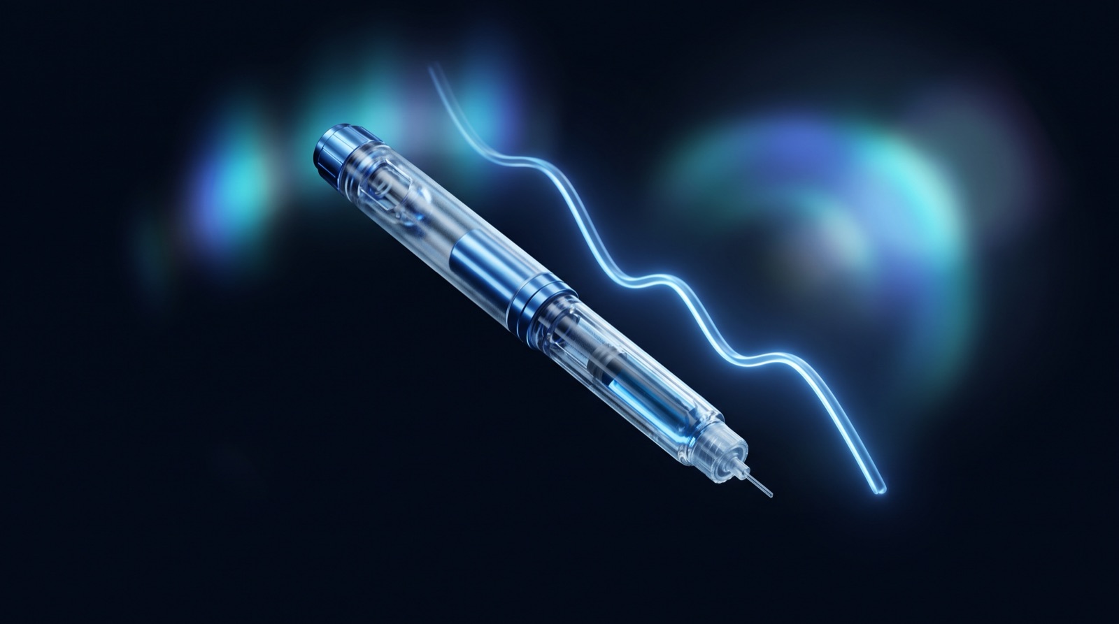 A modern injection pen floating at an angle with a descending blue trend line of light behind it
