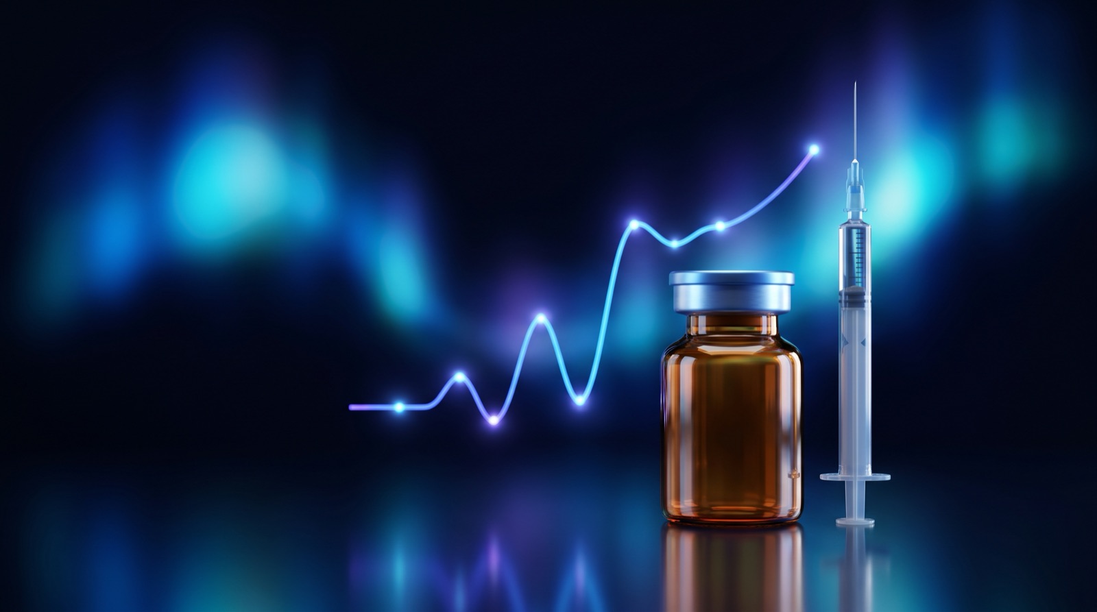An amber testosterone vial and a syringe in front of a rising blue waveform chart